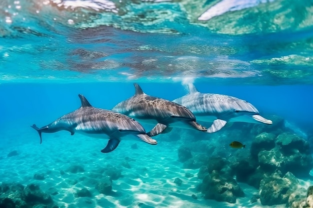 다채로운 수중 장면의 돌고래 그룹 생성 AI