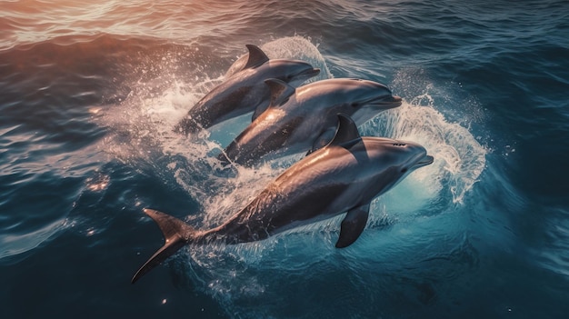 Photo a group of dolphins jumping out of the water generative ai art