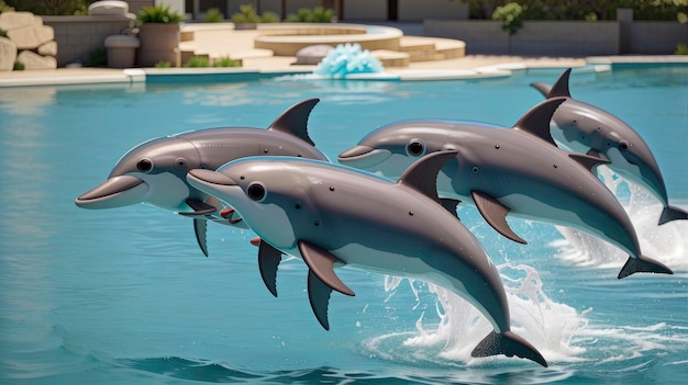 a group of dolphins jumping out of the water in a pool of water