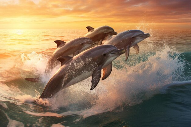 Группа дельфинов выпрыгивает из воды