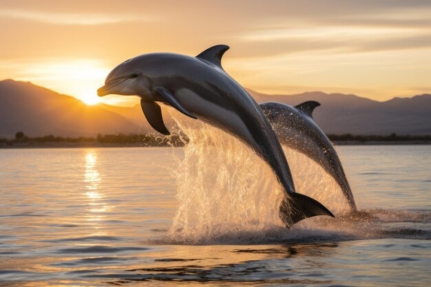 Photo a group of dolphins jumping out of the water