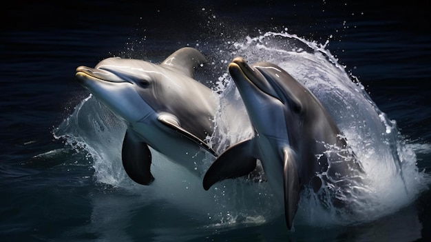 Photo a group of dolphins jumping out of the water