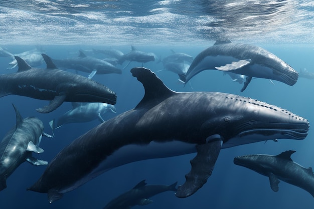 A group of dolphins swim in the ocean.