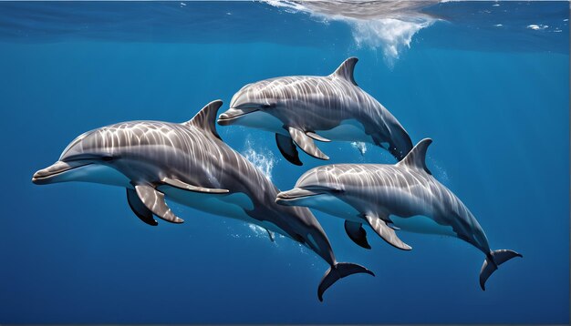 Photo a group of dolphins swimming in the water with the ocean in the background
