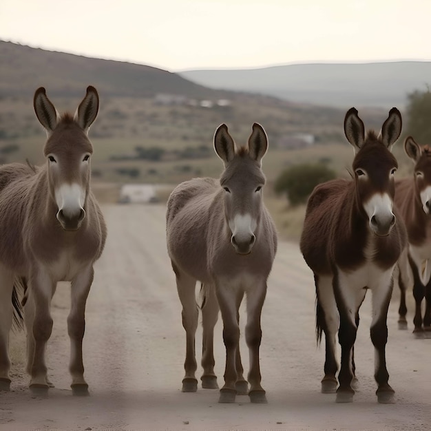 Group of donkeys on the road in the mountains in the evening