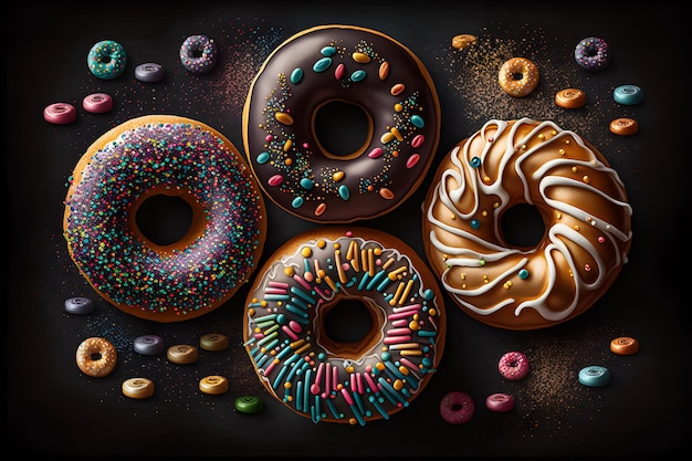A group of donuts with different colored icing and chocolate icing.