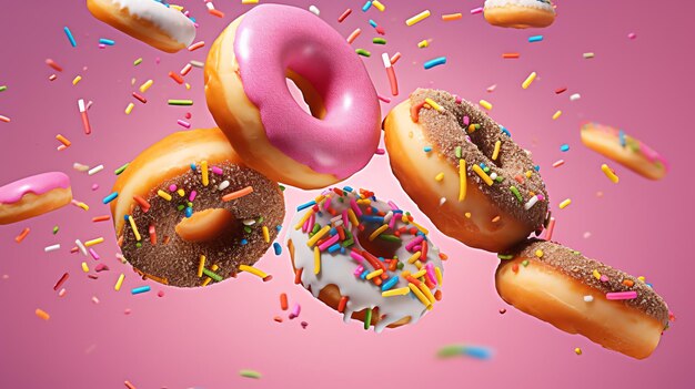 a group of donuts with sprinkles falling