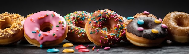 A group of donuts with sprinkles on a table.