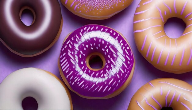 Group of donuts with sprinkles on violet background top view