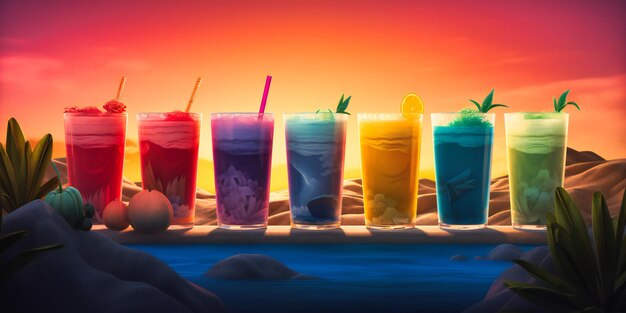 A group of drinks with colorful garnishes in them