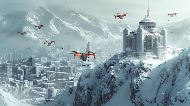 A group of drones carrying medical equipment flying over the city and hospital on winter season in a concept art illustration