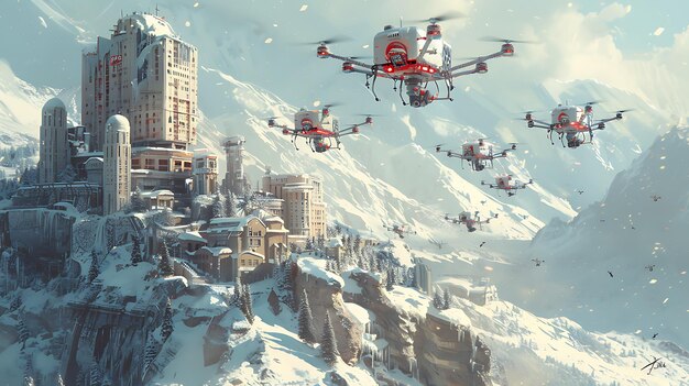 A group of drones carrying medical equipment flying over the city and hospital on winter season in a concept art illustration