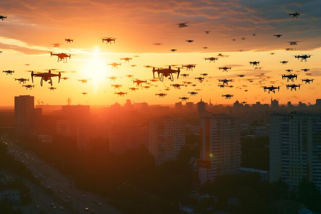 Group of drones over city at summer morning or evening