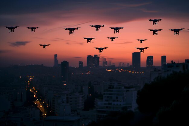 夏の朝都市上空の無人機のグループ