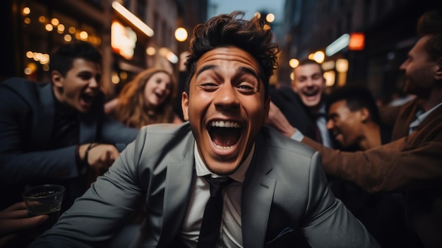 Group of drunk business people laughing and having fun in the city
