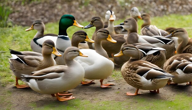 a group of ducks are lined up in a row one has a green head