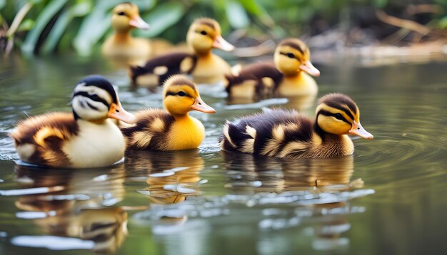 a group of ducks are swimming in the water