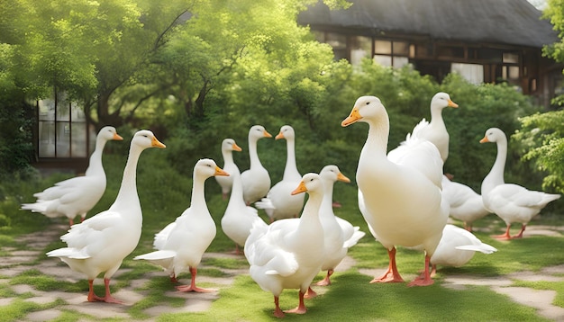 Photo a group of ducks are walking in a line with trees in the background