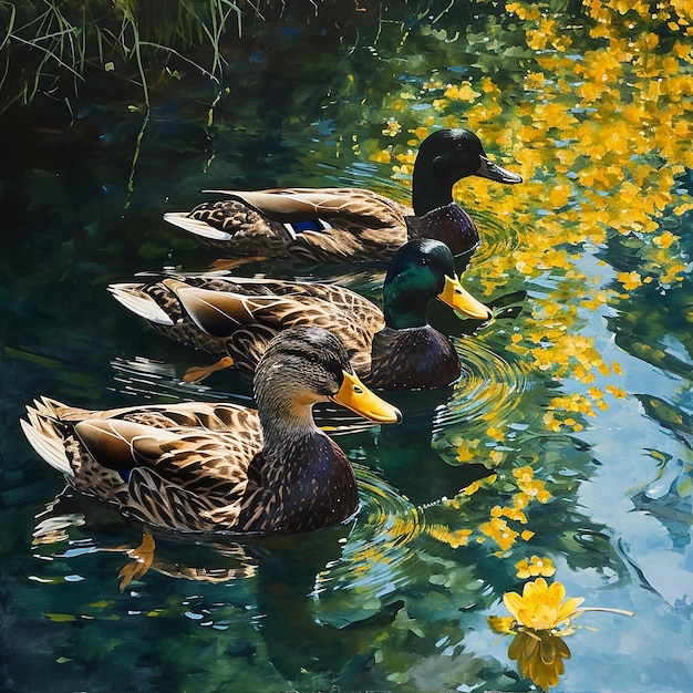 A group of ducks swimming in a pond with yellow flowers Ai generative