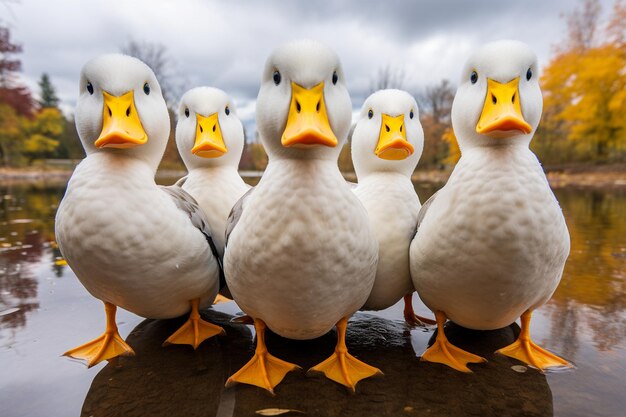 Photo a group of ducks swimming in synchronized formation