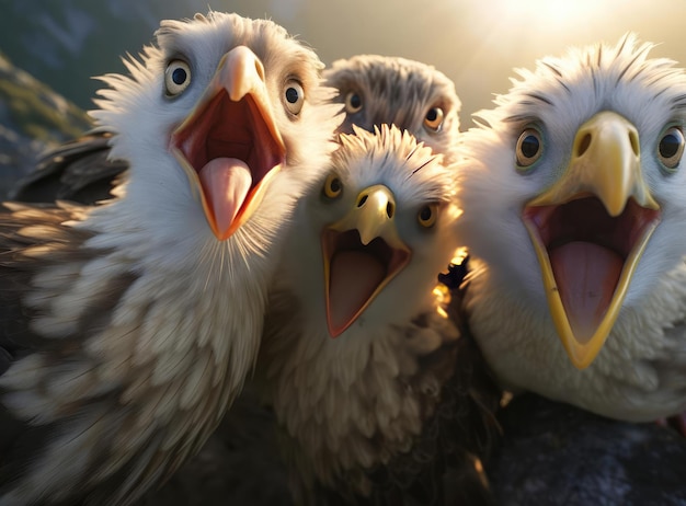 A group of eagles looking at the camera