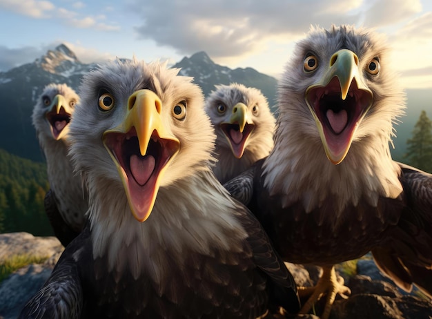 A group of eagles looking at the camera