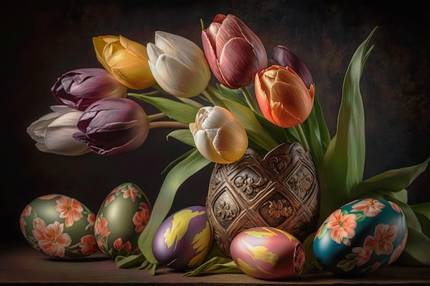 A group of easter eggs with colorful tulips in a vase.