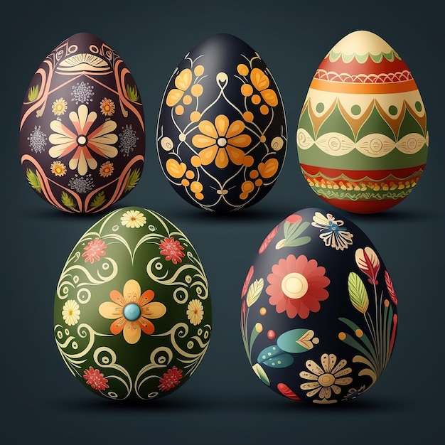 A group of easter eggs with different designs and colors.