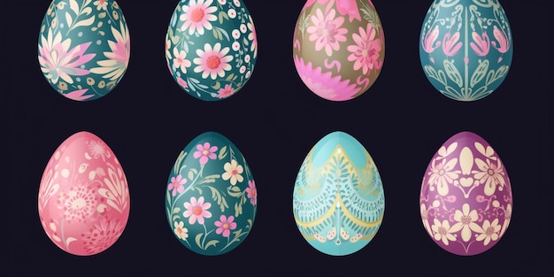 A group of easter eggs with different designs on them.