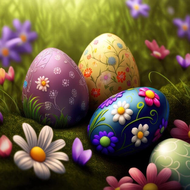 A group of easter eggs with a flower pattern on the front.