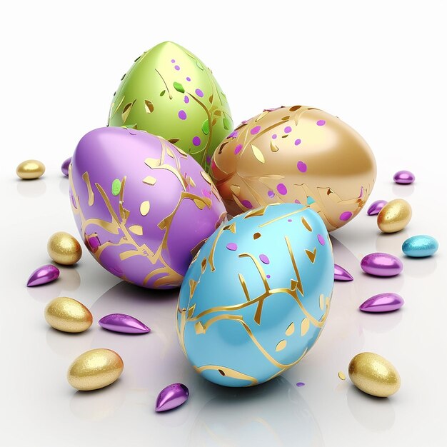 A group of easter eggs with gold leaves and a gold leaf on the bottom.