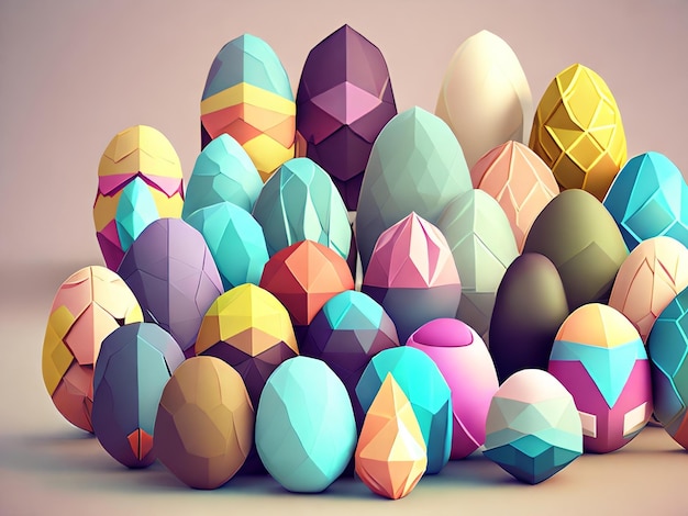 A group of easter eggs with a pink background.