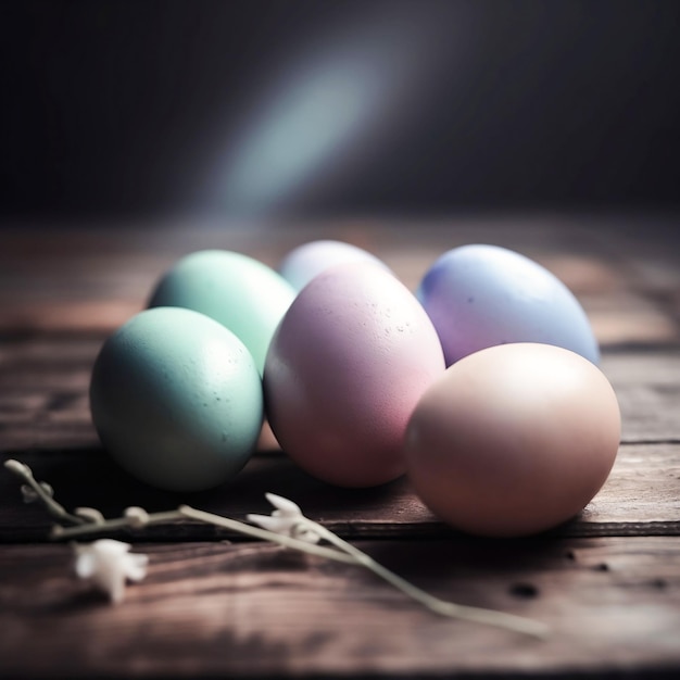 A group of eggs are laying on a wooden table.