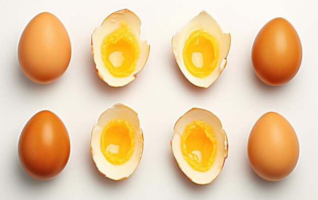 Group of Eggs Cut in Half A collection of eggs have been sliced neatly in half revealing the yolks and whites inside The halves are neatly arranged in a row showcase the inner contents of the eggs
