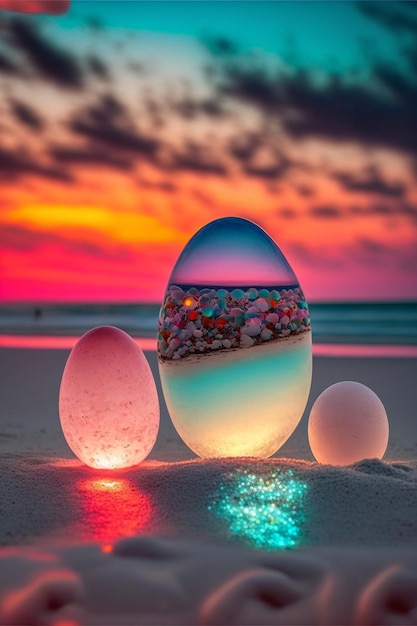 Group of eggs sitting on top of a sandy beach generative ai