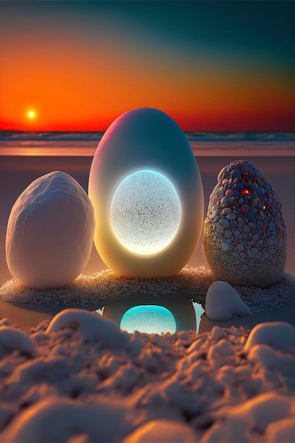 Group of eggs sitting on top of a sandy beach generative ai