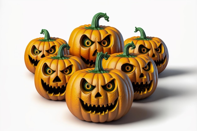 A group of eight lit spooky halloween pumpkins jack o 3D rendering