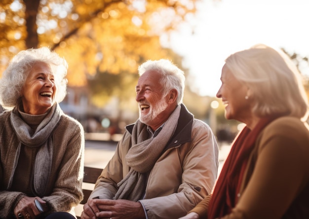 A group of elderly friends sitting on a park bench bathed in warm golden hour light engaged in a