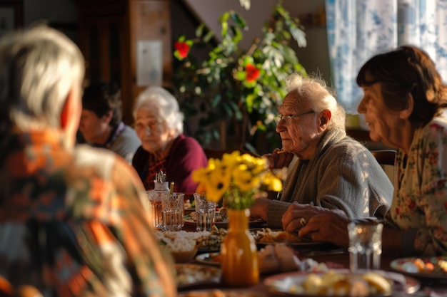 Группа пожилых друзей, которые сформировали сплоченное сообщество, разделяя ежедневные еды и занятия