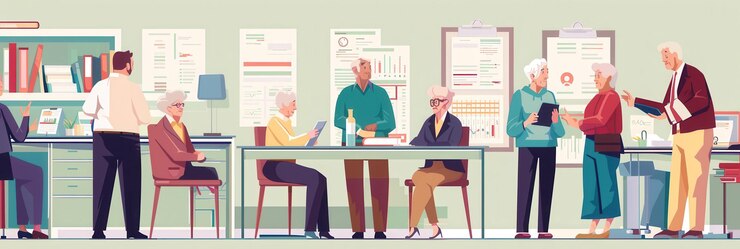 A group of elderly individuals interact and participate in various social activities inside a community center during the afternoon Generative AI