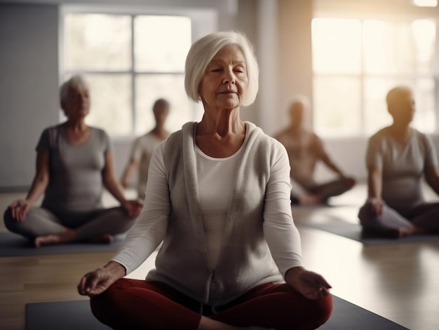 Photo a group of elderly people doing yoga in a gym