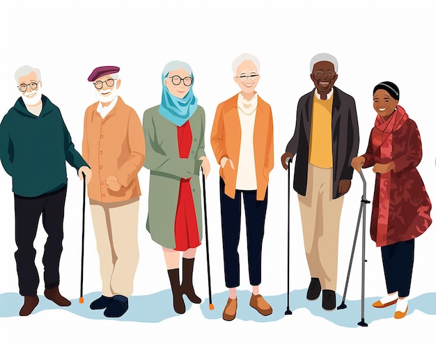 Group of elderly people Elderly people with walking stick flat illustration