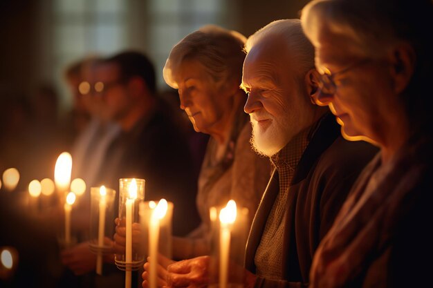 Group of elderly people praying in a beautiful temple bokeh candle lights