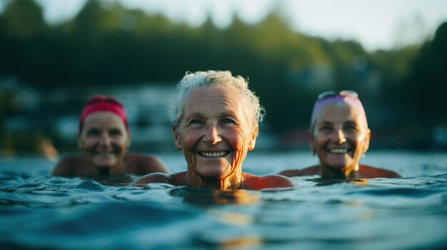 Photo group of elderly women friends all going into the sea together