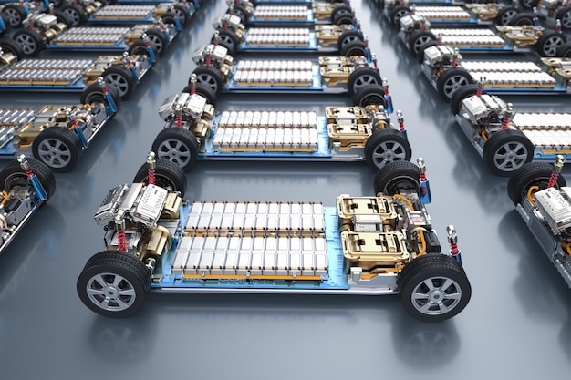 Group of electric cars with pack of battery cells module on\
platform