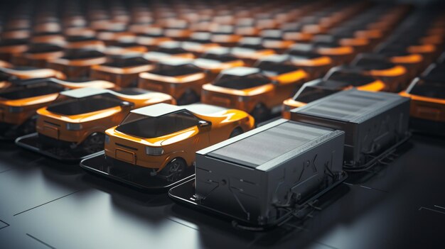 Group of electric cars with a pack of battery cells on motion