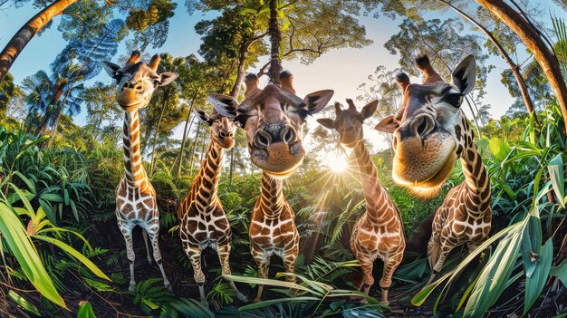 Foto un gruppo di eleganti giraffe che stanno fianco a fianco mostrando i loro lunghi collo e i loro punti unici nella savana