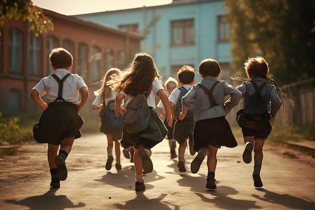 Группа учеников начальной школы бежит в школе сзади. Концепция "Возвращение в школу"
