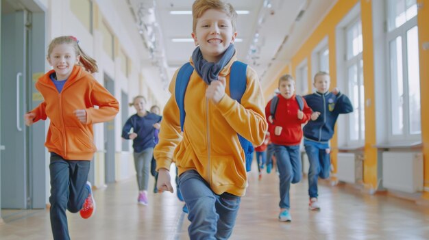 Group of elementary school kids running in a school corridor