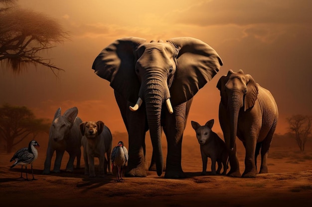 Photo a group of elephants are standing in front of a sunset